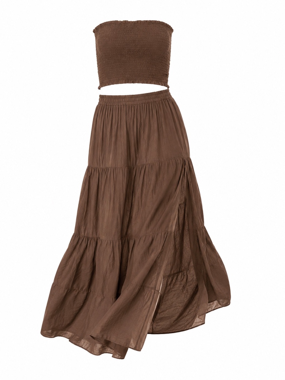 Smocked Tube Top Tiered Maxi Skirt Set Brown womens Boho Maxi Set summer - Picture 2 of 2